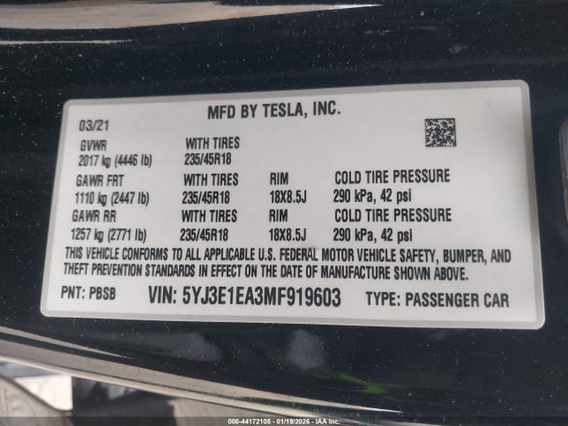 صورة 9 لـ 2021 Tesla MODEL 3 STANDARD RANGE PLUS REAR-WHEEL DRIVE