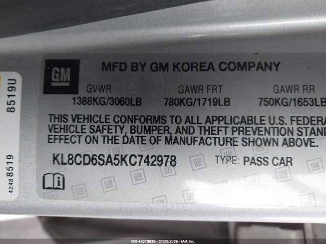 2019 Chevrolet Spark, VIN: KL8CD6SA5KC742978