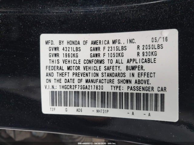 2016 Honda ACCORD EX photo 9