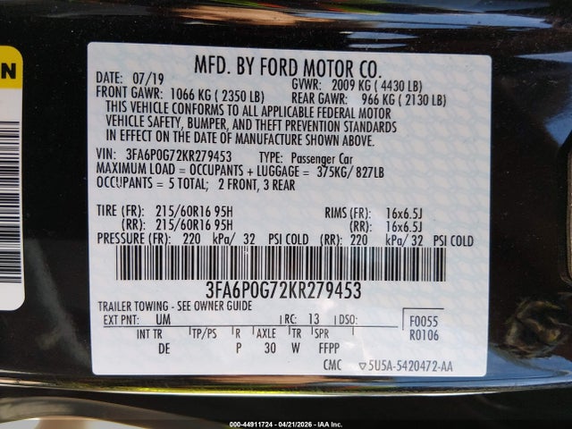 2019 FORD FUSION S 照片 9