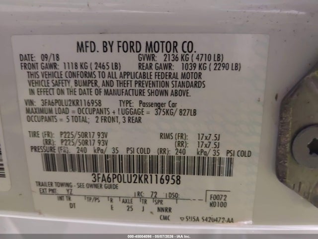 2019 FORD FUSION HYBRID SE photo 9