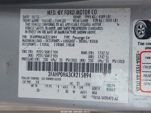 2012 FORD FUSION SE thumbnail 9