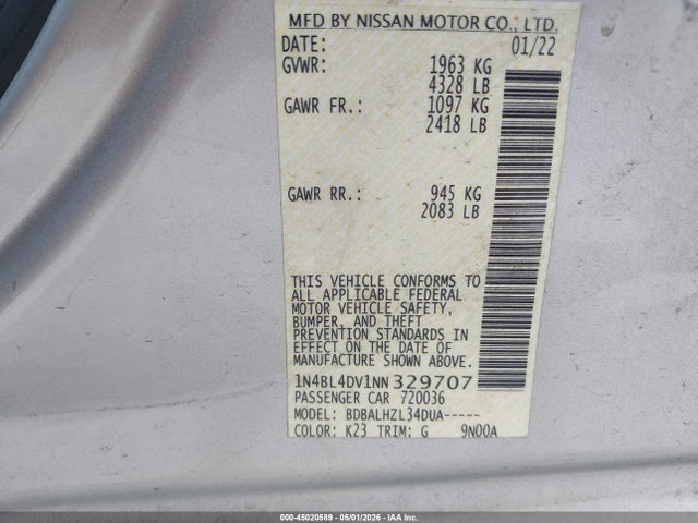 2022 Nissan ALTIMA SV FWD 照片 9