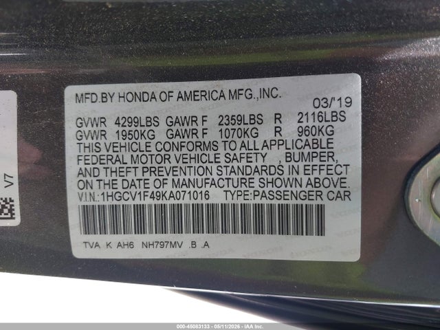 2019 Honda ACCORD EX 照片 9