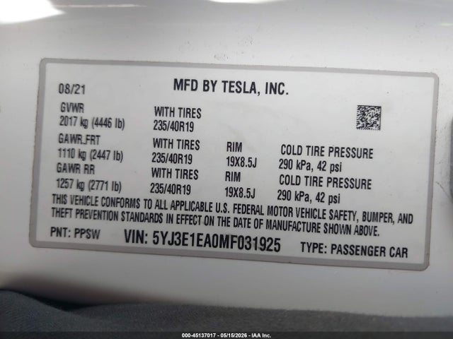 صورة 9 لـ 2021 Tesla MODEL 3 STANDARD RANGE PLUS REAR-WHEEL DRIVE