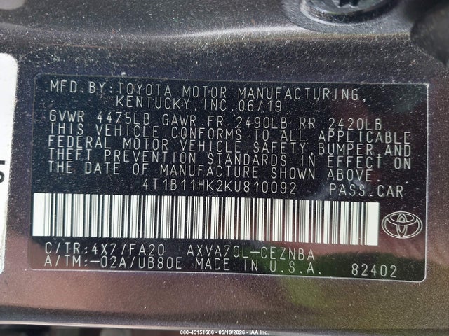 2019 TOYOTA CAMRY LE 9
