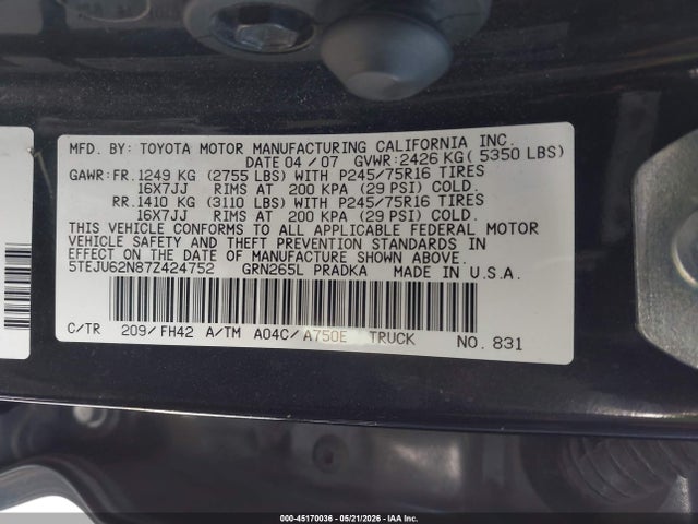 2007 Toyota TACOMA PRERUNNER V6 photo 9