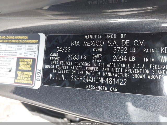 2022 KIA FORTE LXS photo 9