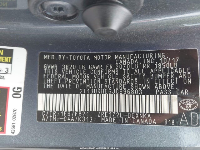 2018 Toyota COROLLA LE photo 9