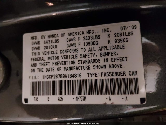 2009 Honda ACCORD 2.4 EX photo 9