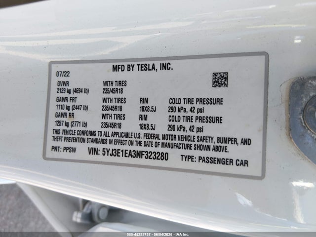 2022 Tesla MODEL 3 REAR-WHEEL DRIVE photo 9