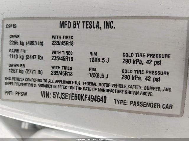 2019 Tesla MODEL 3 LONG RANGE/PERFORMANCE 照片 9