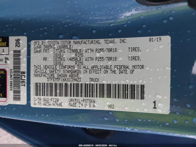 2019 TOYOTA TUNDRA SR5 4.6L V8 9