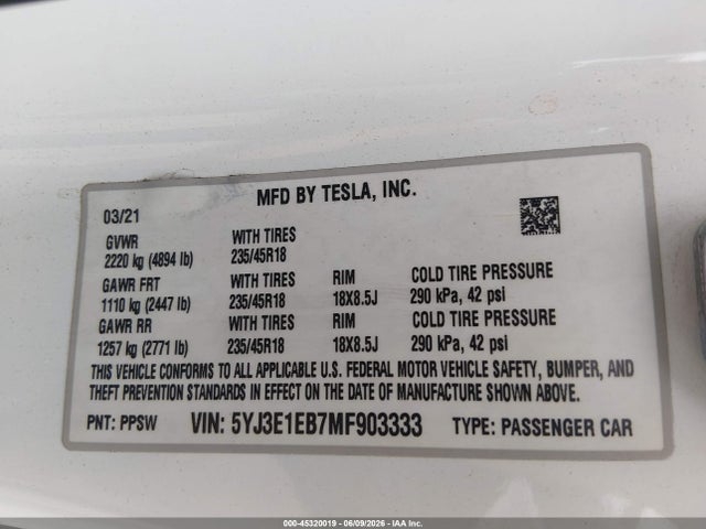 2021 Tesla MODEL 3 LONG RANGE photo 9