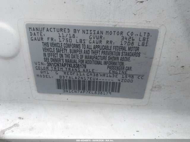 2019 Nissan VERSA 1.6 S+ 照片 9