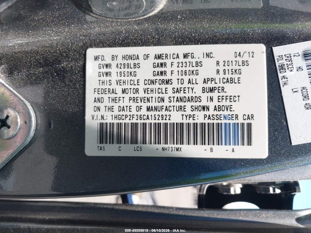 2012 Honda ACCORD 2.4 LX 照片 9
