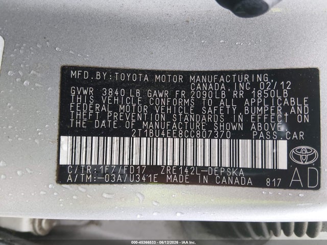 2012 Toyota COROLLA S 照片 9
