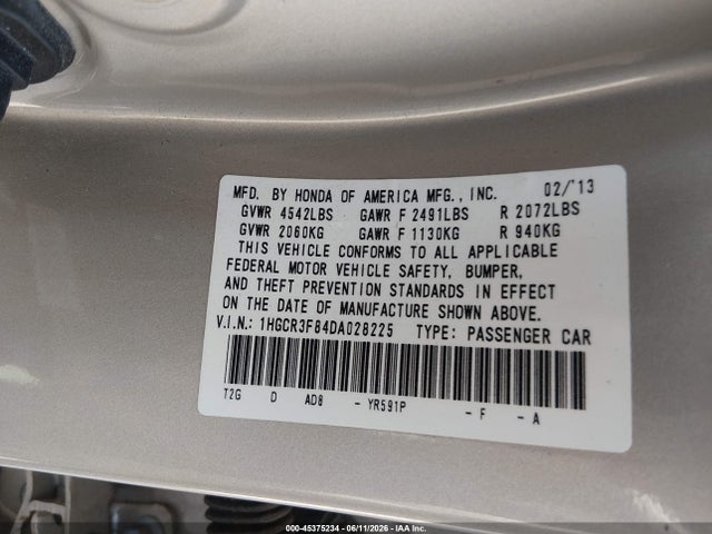 2013 Honda ACCORD EX-L V-6 照片 9