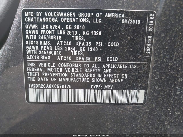 2019 VOLKSWAGEN ATLAS 3.6L V6 SE 9