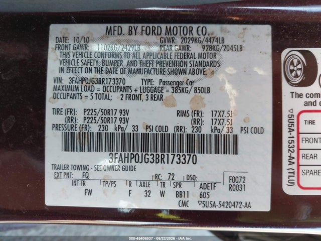 2011 FORD FUSION SEL photo 9