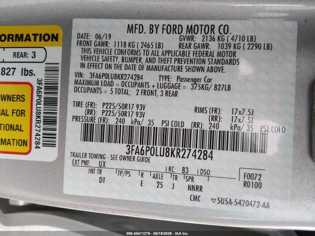 2019 FORD FUSION HYBRID SE — фото 9