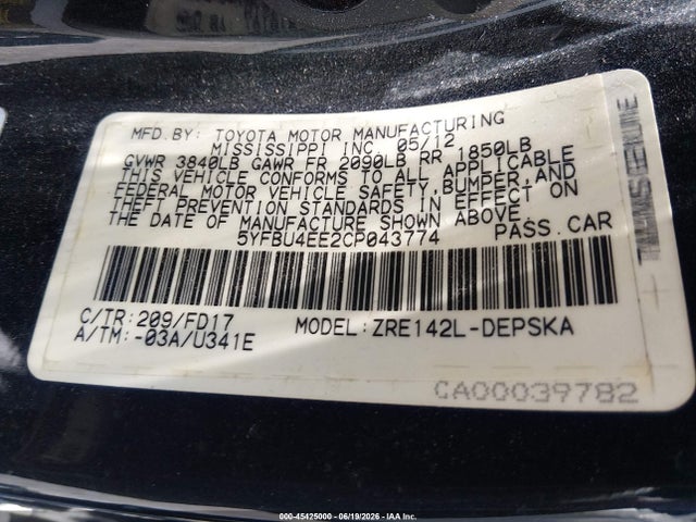 2012 Toyota COROLLA S 照片 9
