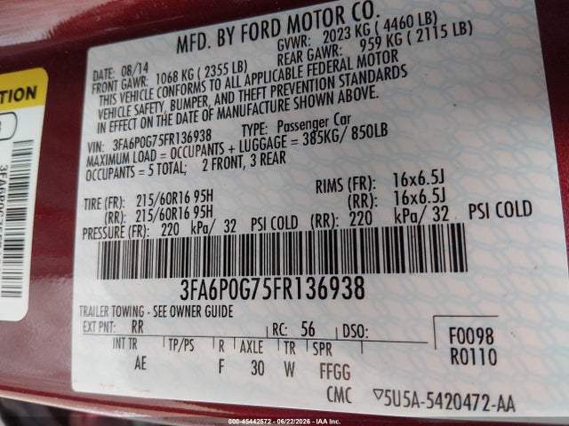 2015 FORD FUSION S photo 9
