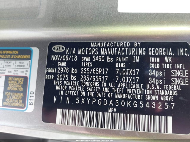 2019 KIA SORENTO 2.4L LX 9