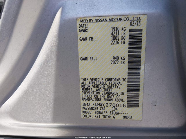 صورة 9 لـ 2015 Nissan ALTIMA 2.5/2.5 S/2.5 SL/2.5 SV