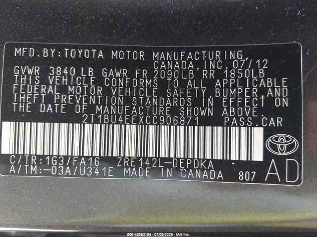 2012 Toyota COROLLA L 照片 9