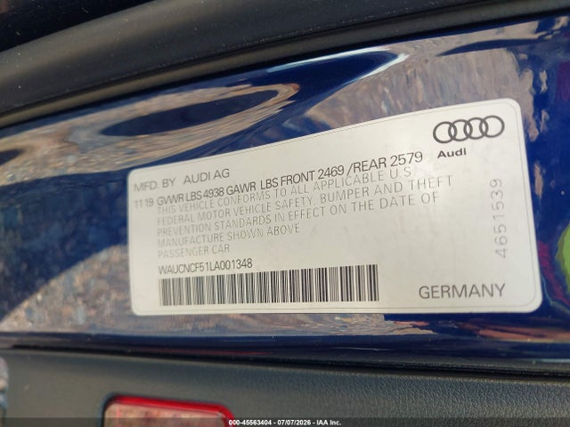 2020 AUDI A5 SPORTBACK PREMIUM PLUS 45 TFSI QUATTRO S TRONIC 9