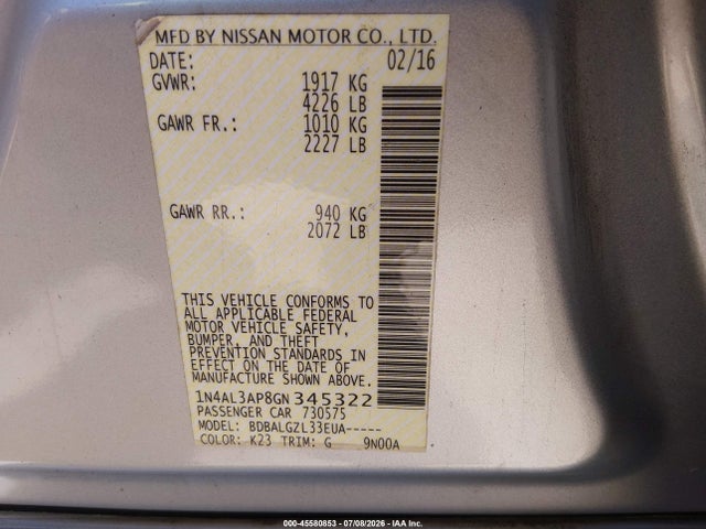 صورة 9 لـ 2016 Nissan ALTIMA 2.5/2.5 S/2.5 SL/2.5 SR/2.5 SV