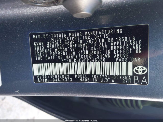 2015 Toyota COROLLA S PLUS photo 9