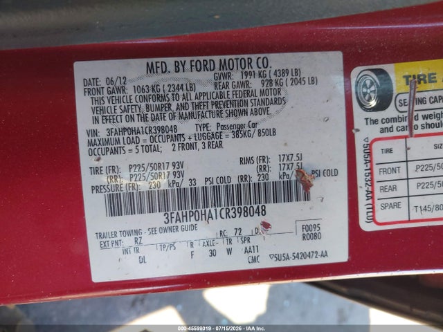 2012 FORD FUSION SE 照片 9