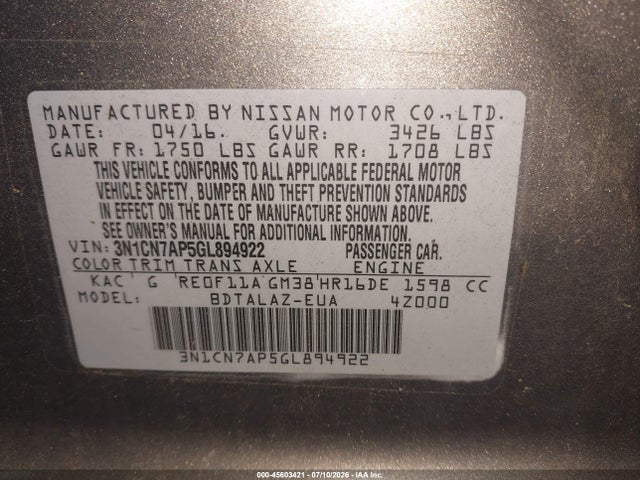 2016 Nissan VERSA 1.6 S+ 照片 9