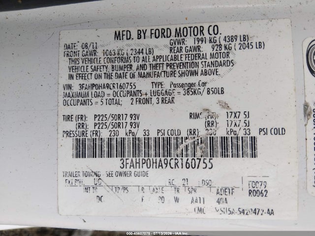 2012 FORD FUSION SE 照片 9