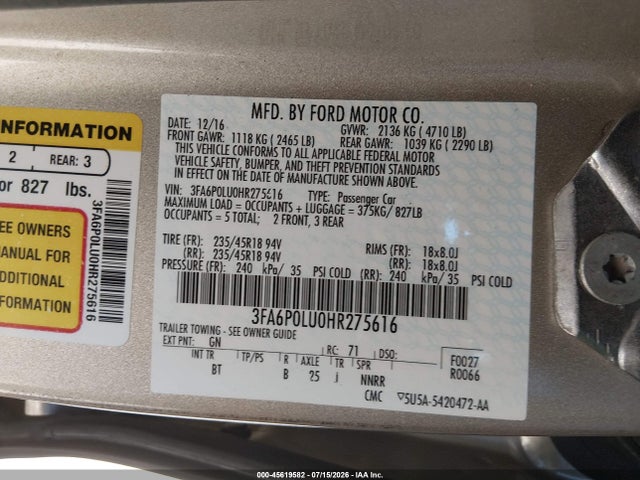 2017 FORD FUSION HYBRID SE 照片 9
