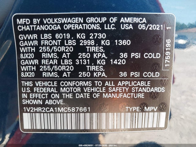 2021 VOLKSWAGEN ATLAS 3.6L V6 SE W/TECHNOLOGY 9