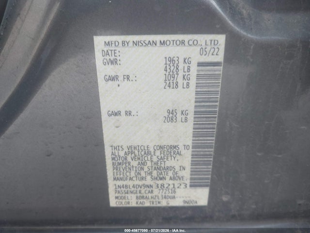 2022 NISSAN ALTIMA SV FWD 9