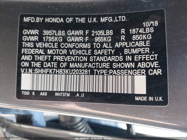 2019 HONDA CIVIC EX-L 9