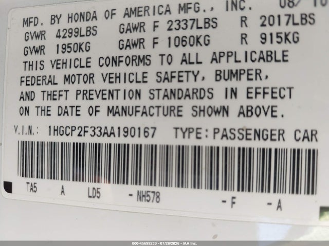 2010 Honda ACCORD 2.4 LX 照片 9