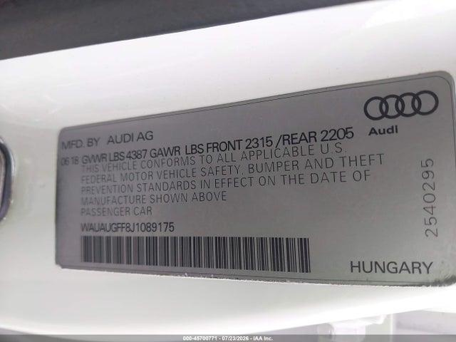 2018 AUDI A3 2.0T PREMIUM/2.0T TECH PREMIUM — фото 9