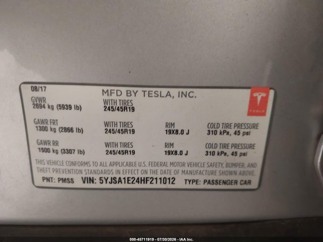 2017 TESLA MODEL S 100D/60D/75D/90D/P100D 9
