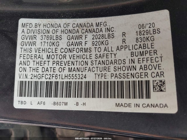 2020 HONDA CIVIC LX 9