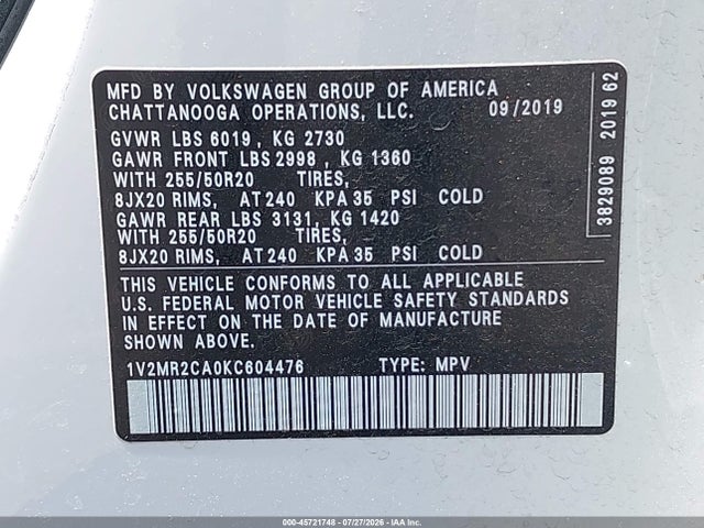 2019 VOLKSWAGEN ATLAS 3.6L V6 SEL 9