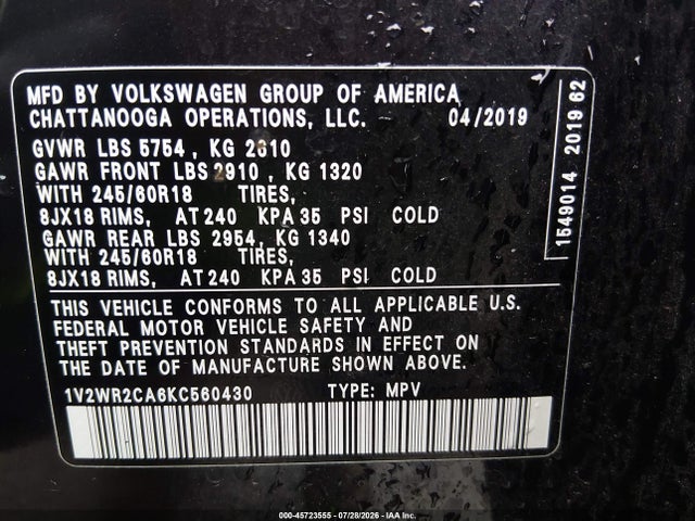 2019 VOLKSWAGEN ATLAS 3.6L V6 SE W/TECHNOLOGY 9