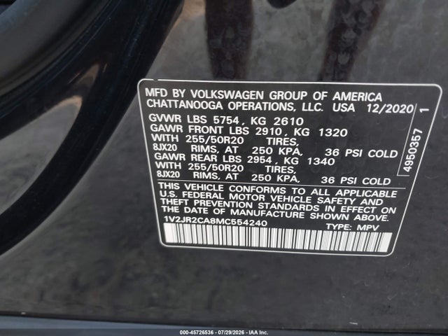2021 VOLKSWAGEN ATLAS 3.6L V6 SE W/TECHNOLOGY 9