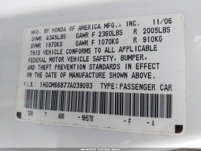 2007 Honda ACCORD 3.0 EX photo 9