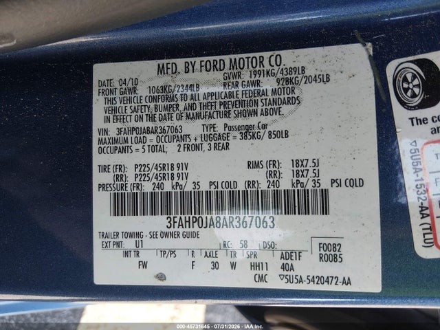 2010 FORD FUSION SEL 照片 9