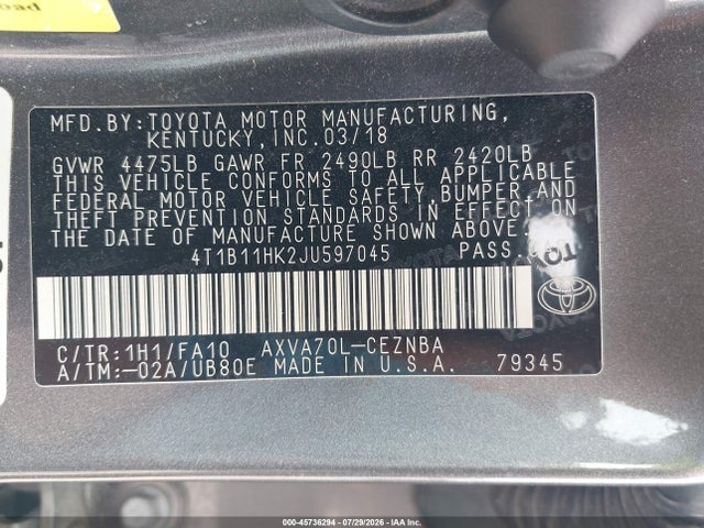 2018 TOYOTA CAMRY LE 9